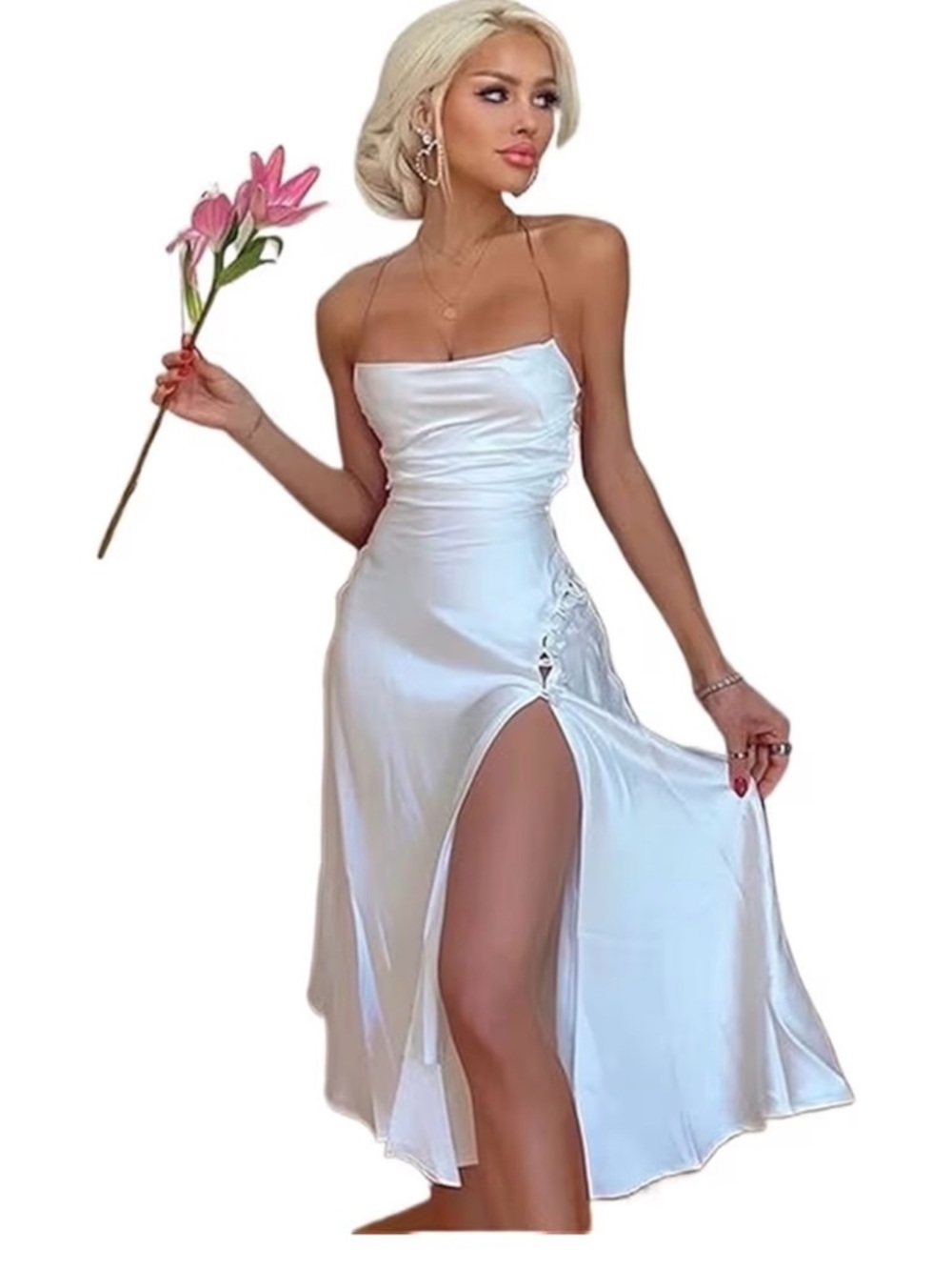 Beach Vacation Sleeveless White Satin Slit Midi Dress with Lace-Up Detail S
